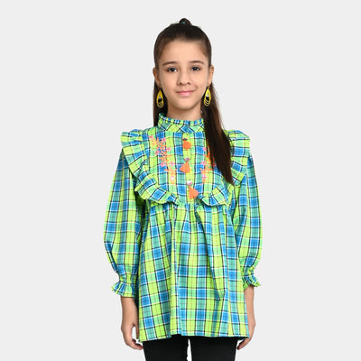 Girls Yard Embroidered Top Shoq Case-Green Check