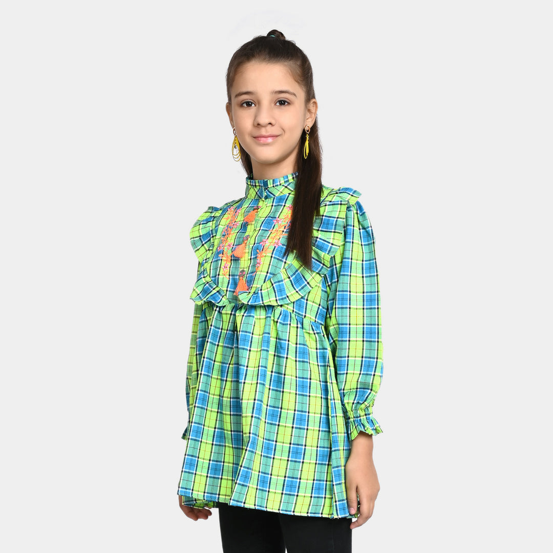 Girls Yard Embroidered Top Shoq Case-Green Check