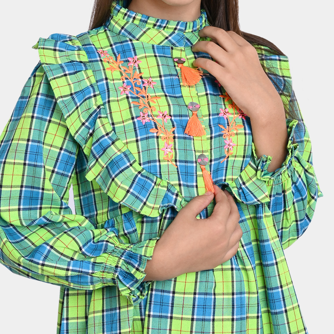 Girls Yard Embroidered Top Shoq Case-Green Check