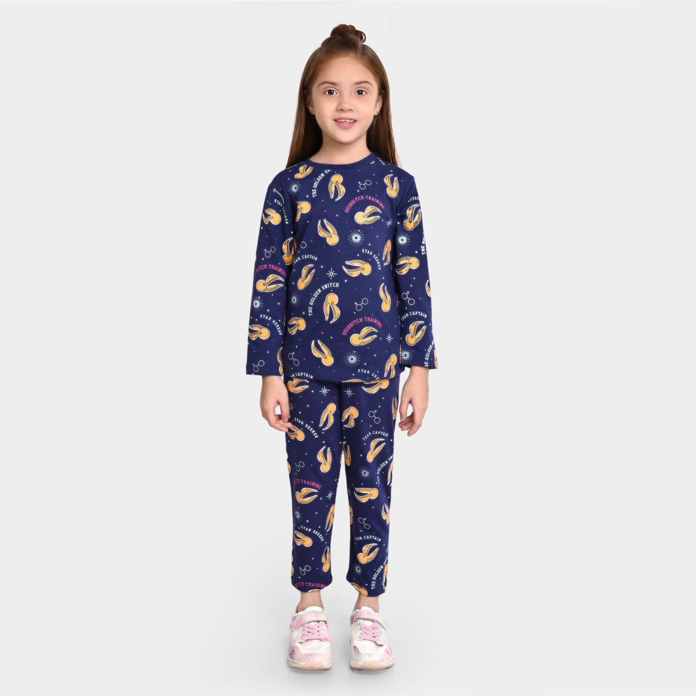 Girls Poly Cotton Jersey Knitted Night Suit Quidditch-Navy Blue