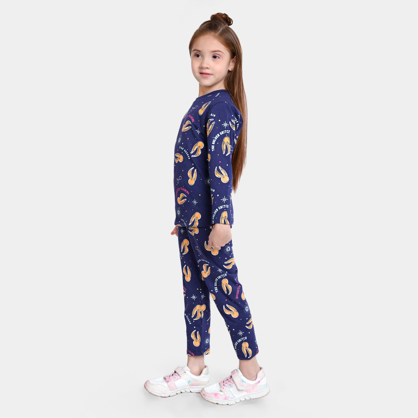 Girls Poly Cotton Jersey Knitted Night Suit Quidditch-Navy Blue