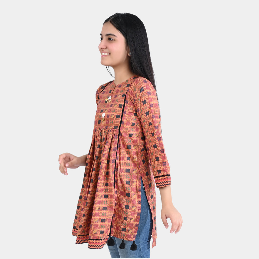 Girls Cotton Poplin Printed Kurti Indian Art-Light Brown