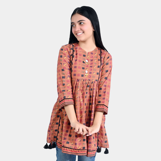 Girls Cotton Poplin Printed Kurti Indian Art-Light Brown