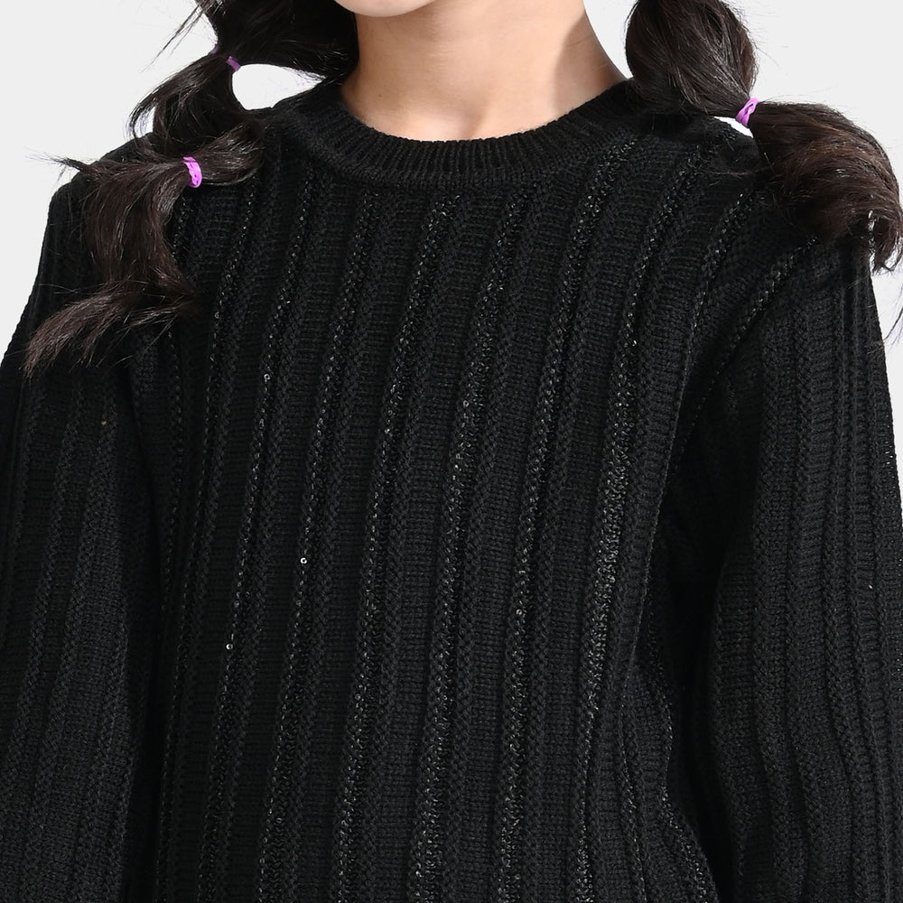 Girls Acrylic-Sequence Sweater Stripe-BLACK