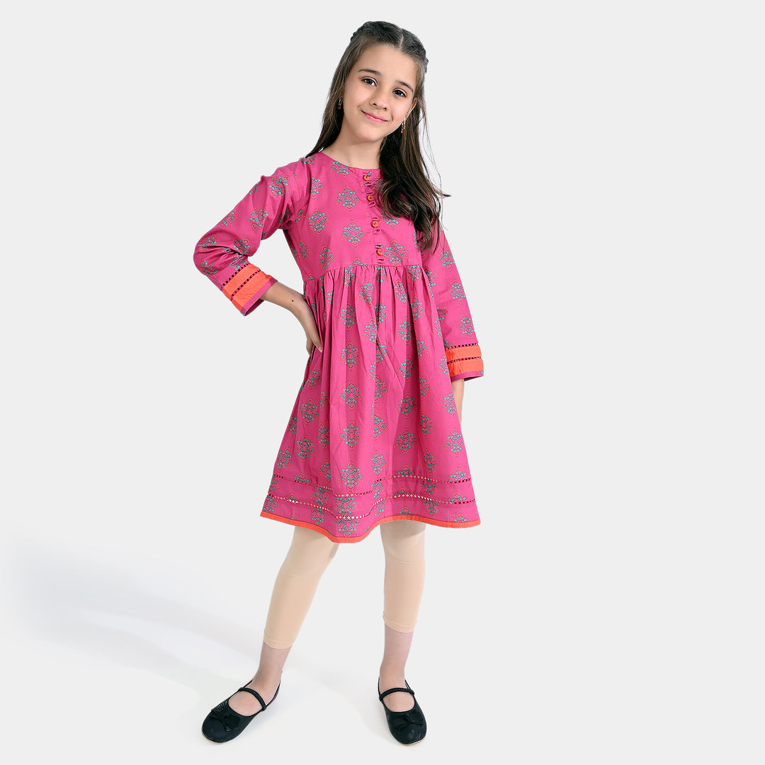 Girls Cotton Poplin Printed Kurti Ethnic Booti-Pink