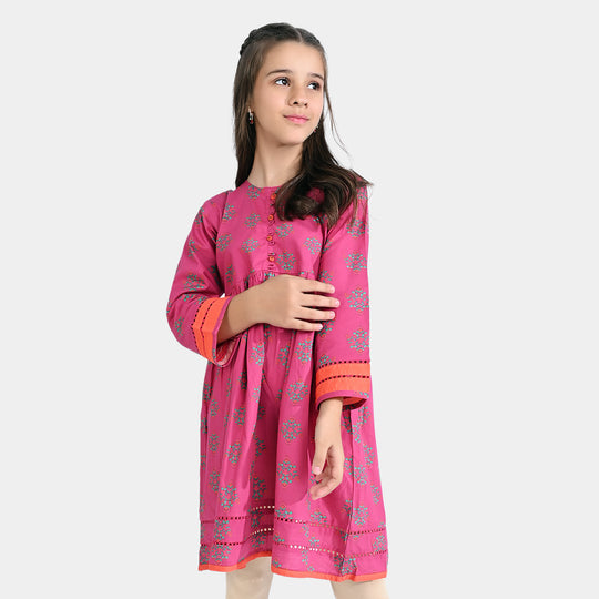 Girls Cotton Poplin Printed Kurti Ethnic Booti-Pink