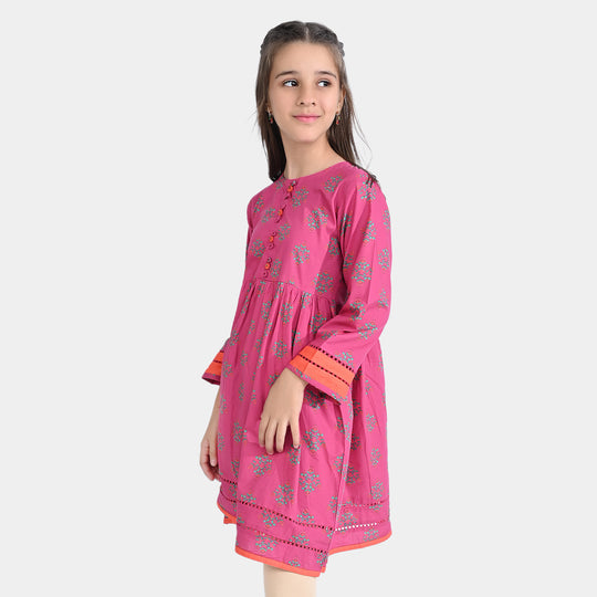 Girls Cotton Poplin Printed Kurti Ethnic Booti-Pink