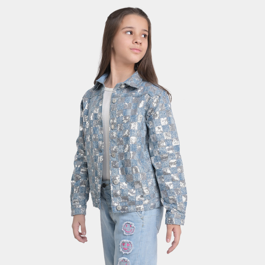 Girls Denim Jacket Allover Sequins-Blue