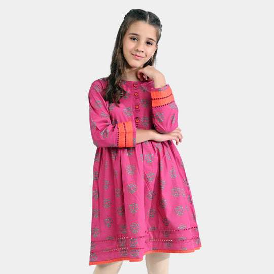 Girls Cotton Poplin Printed Kurti Ethnic Booti-Pink