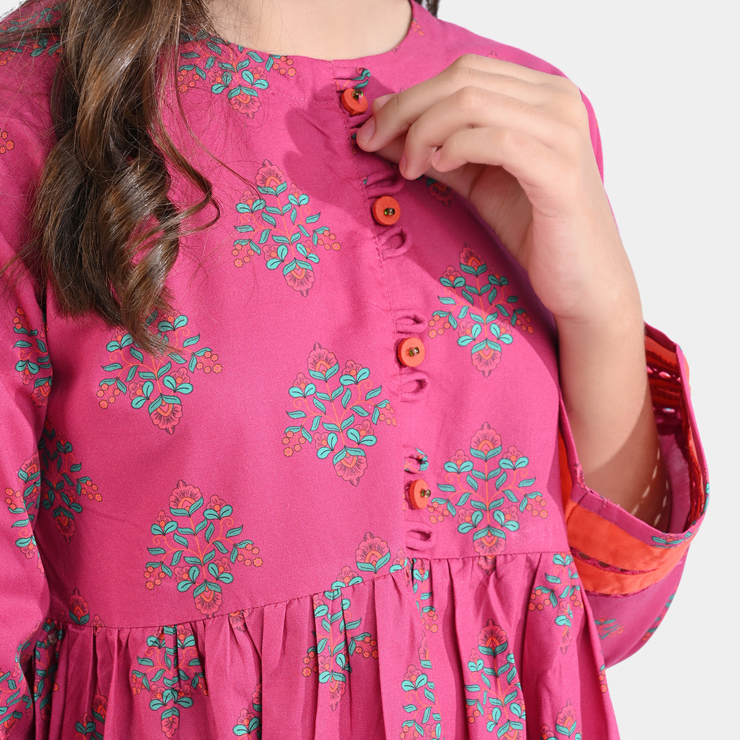 Girls Cotton Poplin Printed Kurti Ethnic Booti-Pink