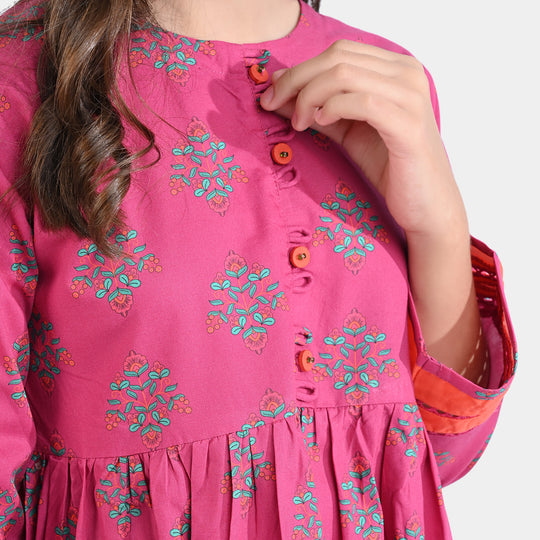 Girls Cotton Poplin Printed Kurti Ethnic Booti-Pink