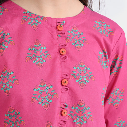 Girls Cotton Poplin Printed Kurti Ethnic Booti-Pink