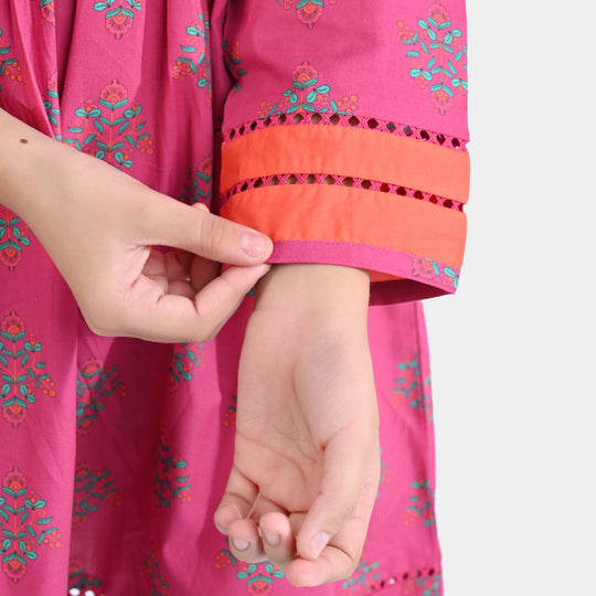 Girls Cotton Poplin Printed Kurti Ethnic Booti-Pink