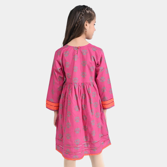 Girls Cotton Poplin Printed Kurti Ethnic Booti-Pink