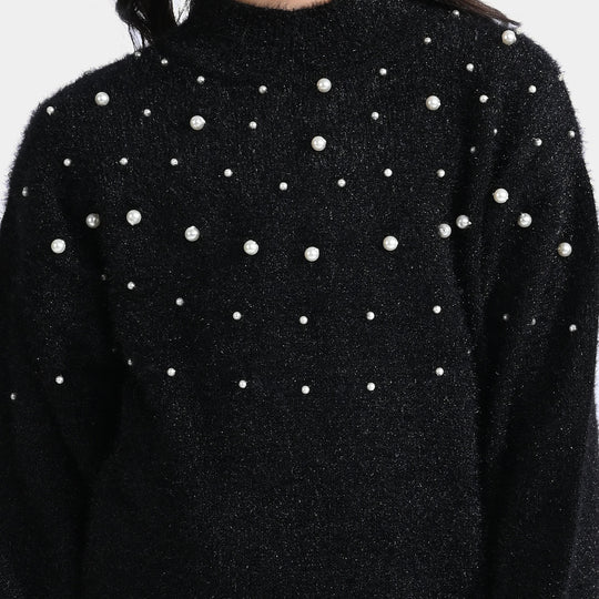 Girls Feather-Acrylic Sweater Feather Pearl-BLACK