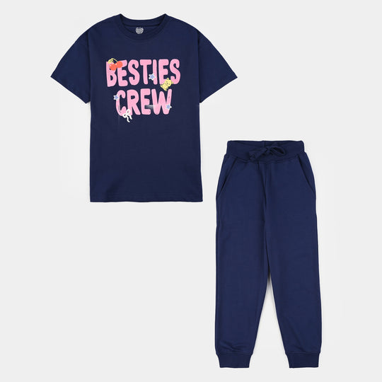 Girls Jersey/Terry 2-Piece Suit (Besties Crew) - Navy Blue