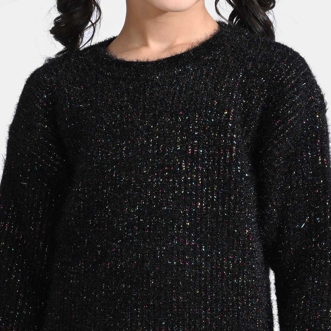 Girls Acrylic-Feather Lurex Sweater-BLACK