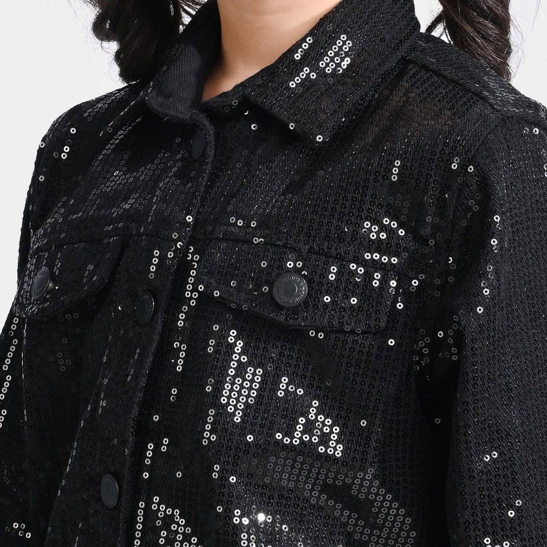 Girls Denim rigid Woven Jacket Sequins Sparkle-BLACK