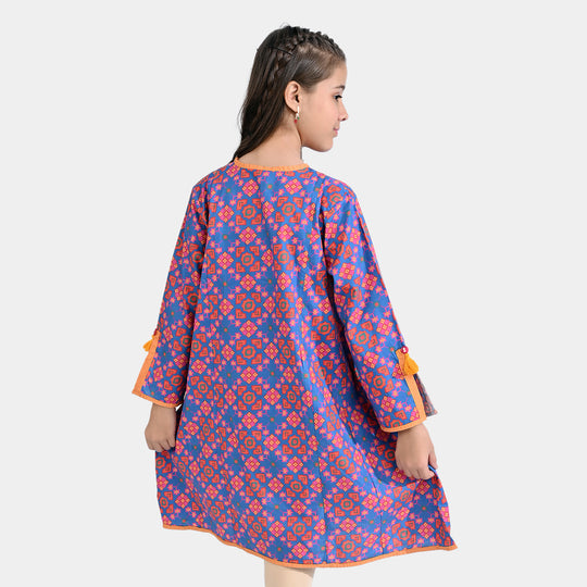 Girls Cotton Poplin Printed Kurti Rang Bahar-BLUE/Orange