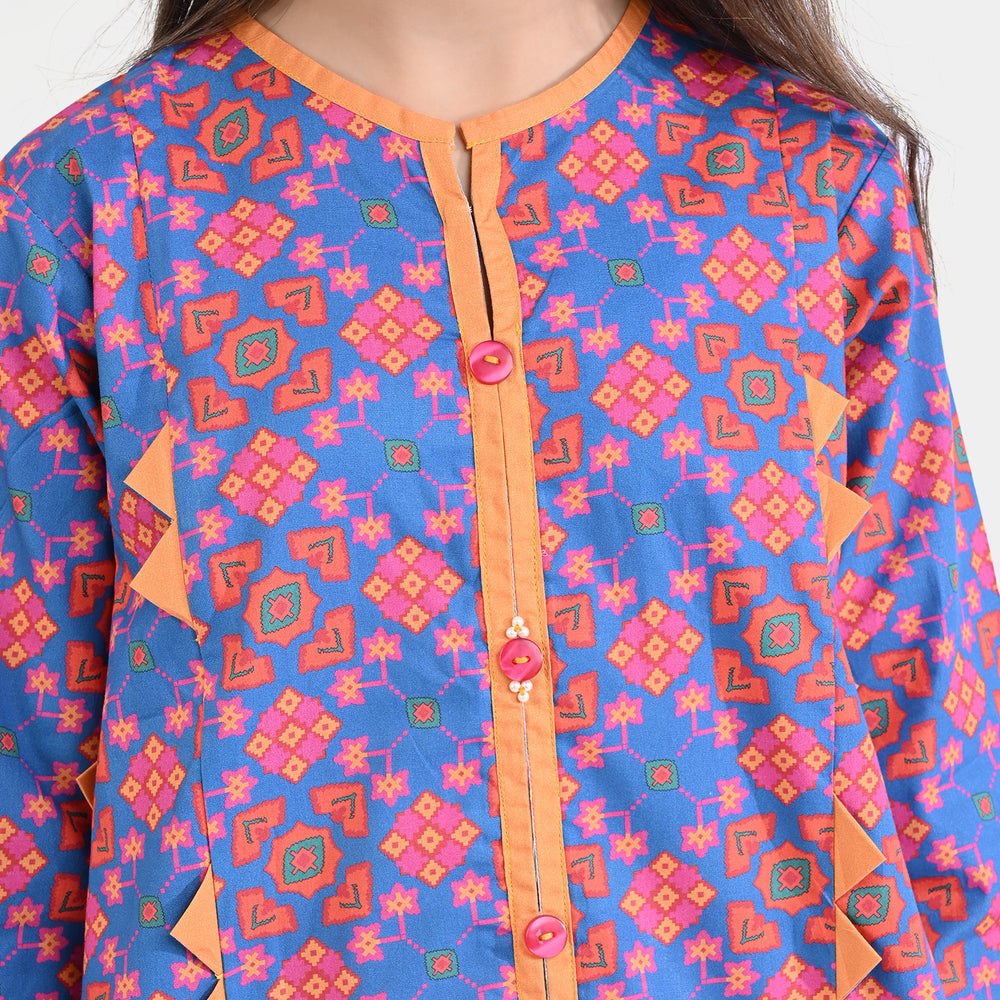 Girls Cotton Poplin Printed Kurti Rang Bahar-BLUE/Orange