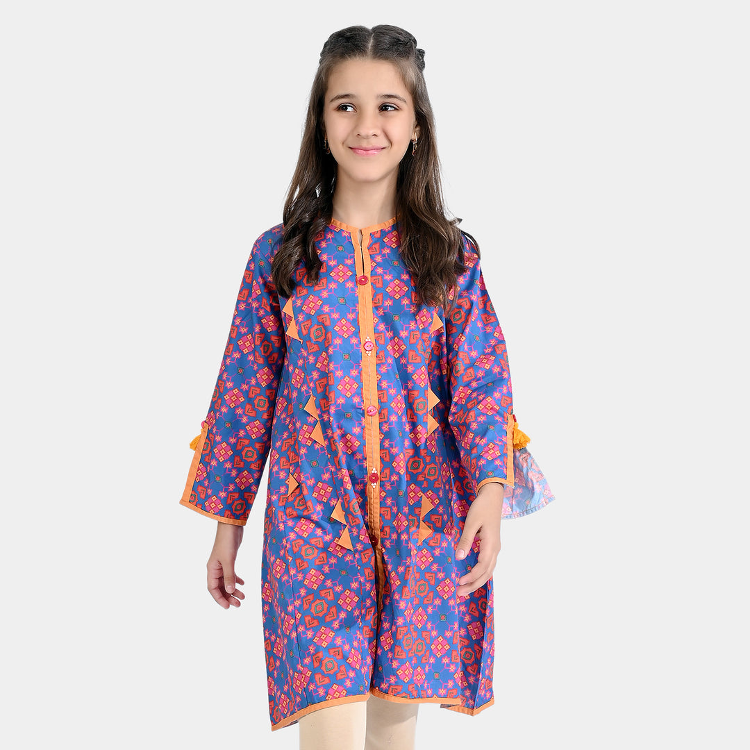 Girls Cotton Poplin Printed Kurti Rang Bahar-BLUE/Orange