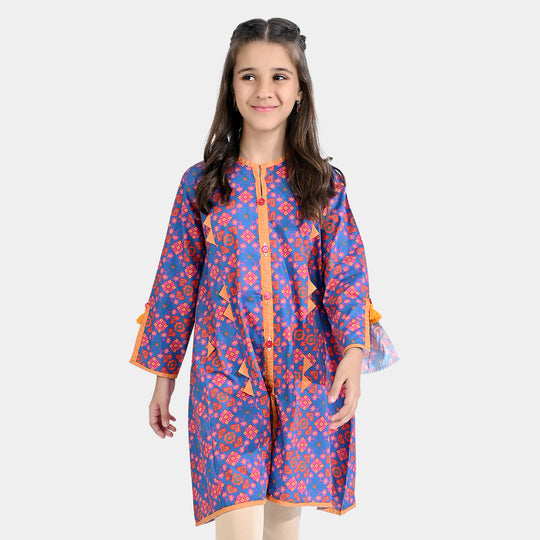 Girls Cotton Poplin Printed Kurti Rang Bahar-BLUE/Orange