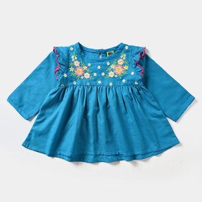 Infant Girls Cotton Slub Emb Top Flowers Bunches-Turquoise