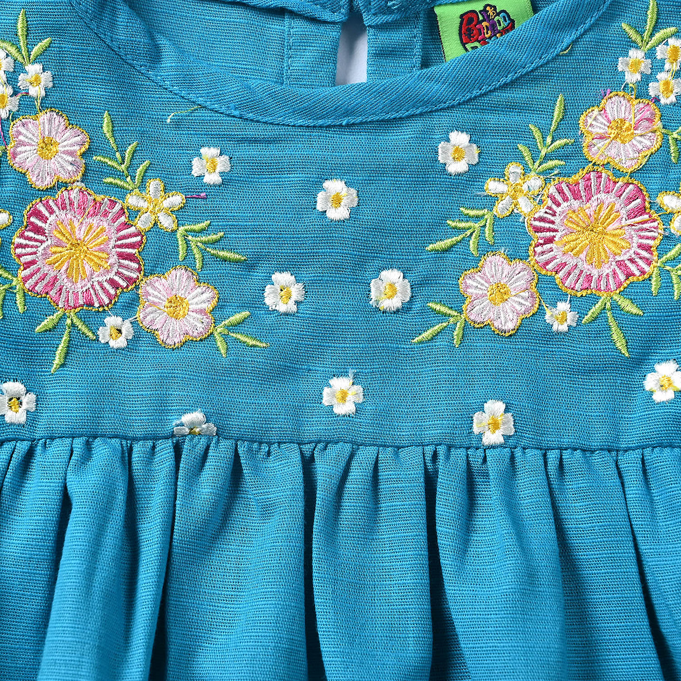 Infant Girls Cotton Slub Emb Top Flowers Bunches-Turquoise