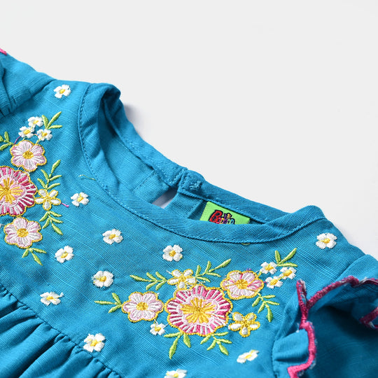 Infant Girls Cotton Slub Emb Top Flowers Bunches-Turquoise