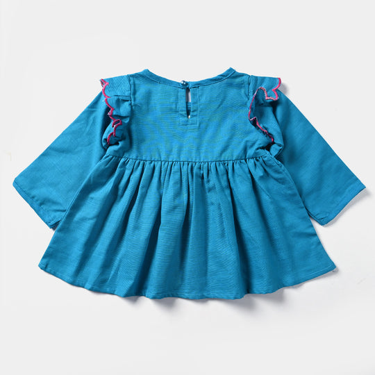 Infant Girls Cotton Slub Emb Top Flowers Bunches-Turquoise