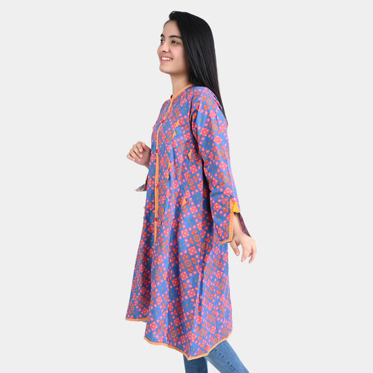 Teens Girls Cotton Poplin Printed Kurti Rang Bahar-BLUE/Orange