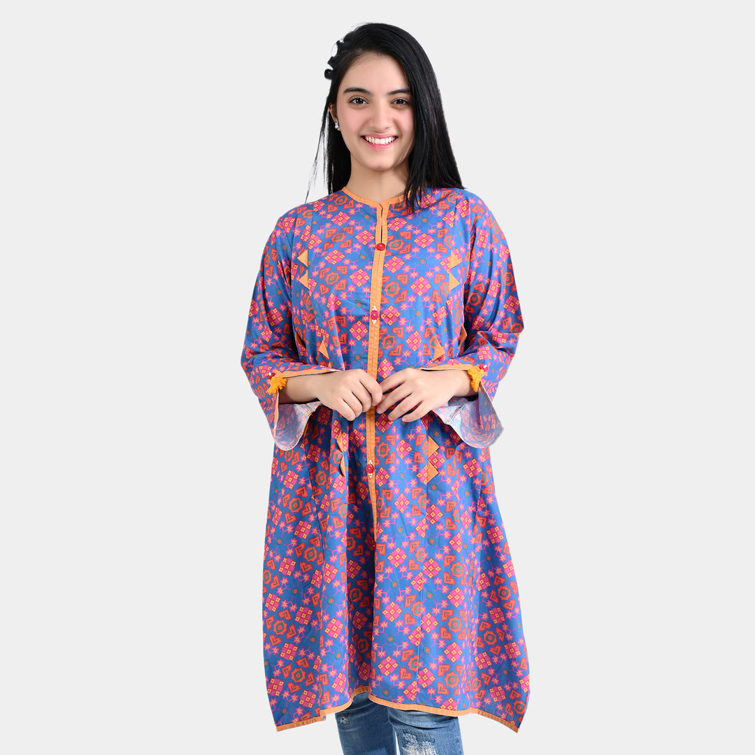 Teens Girls Cotton Poplin Printed Kurti Rang Bahar-BLUE/Orange