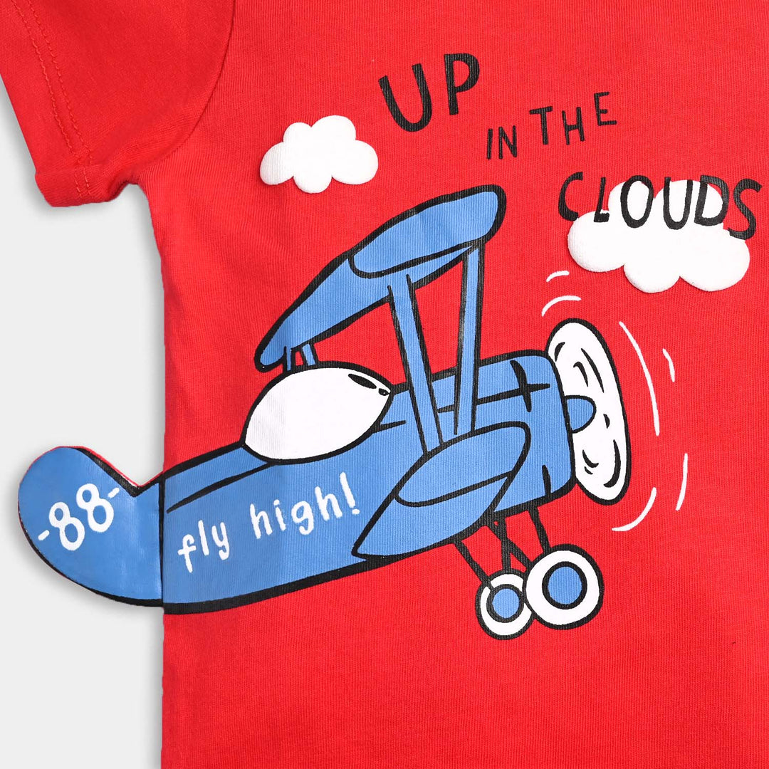 Infant Boys Cotton Terry Round Neck T-Shirt Up In The Clouds-Fiery Red