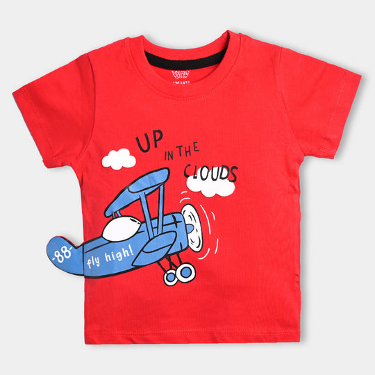 Infant Boys Cotton Terry Round Neck T-Shirt Up In The Clouds-Fiery Red