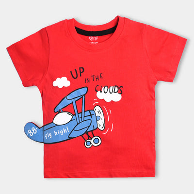 Infant Boys Cotton Terry Round Neck T-Shirt Up In The Clouds-Fiery Red