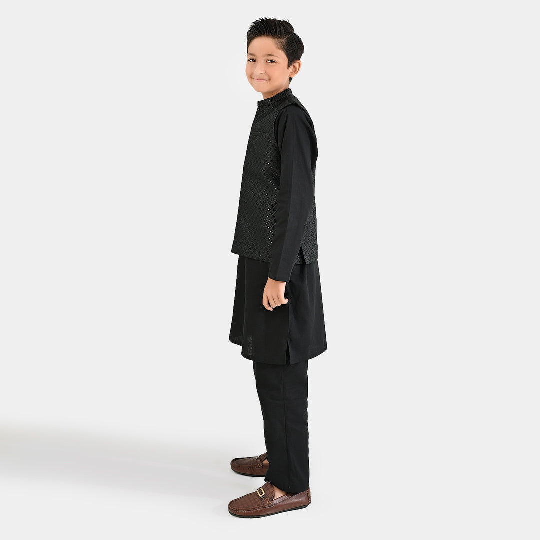 Boys Cotton Slub 3 Piece suit (Black Beauty)-BLACK