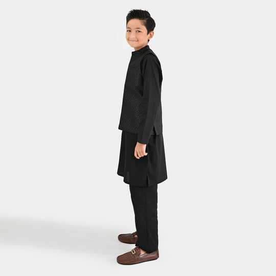 Boys Cotton Slub 3 Piece suit (Black Beauty)-BLACK