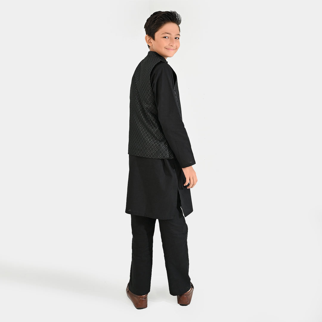 Boys Cotton Slub 3 Piece suit (Black Beauty)-BLACK
