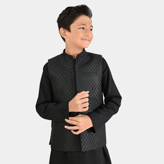Boys Cotton Slub 3 Piece suit (Black Beauty)-BLACK