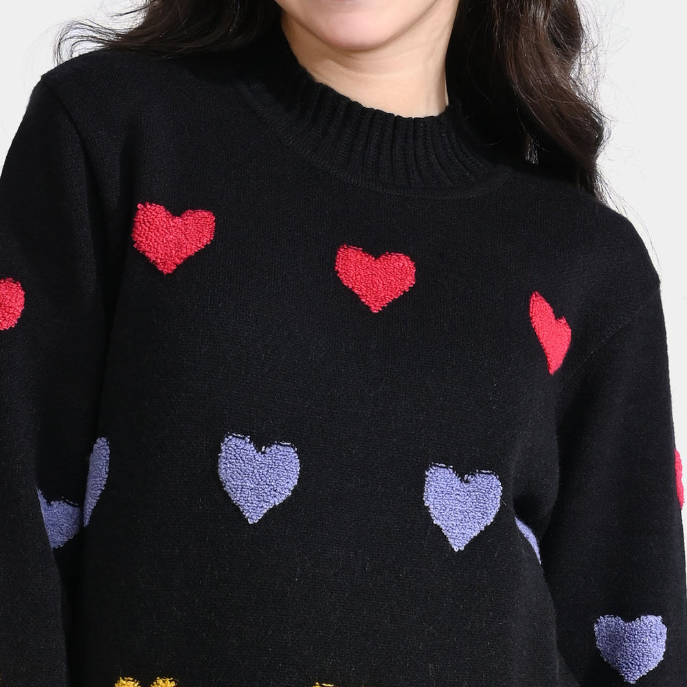 Girls VPN-Acrylic Sweater Chenille Heart-BLACK