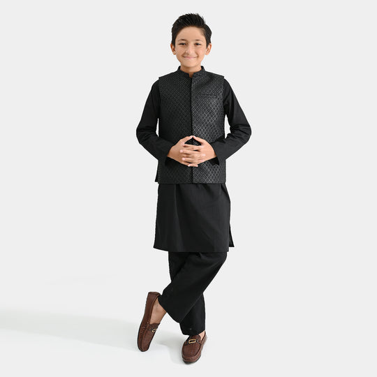 Boys Cotton Slub 3 Piece suit (Black Beauty)-BLACK