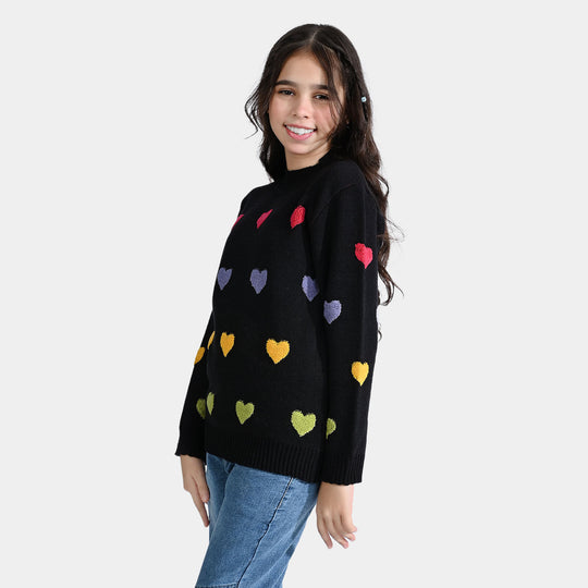 Girls VPN-Acrylic Sweater Chenille Heart-BLACK