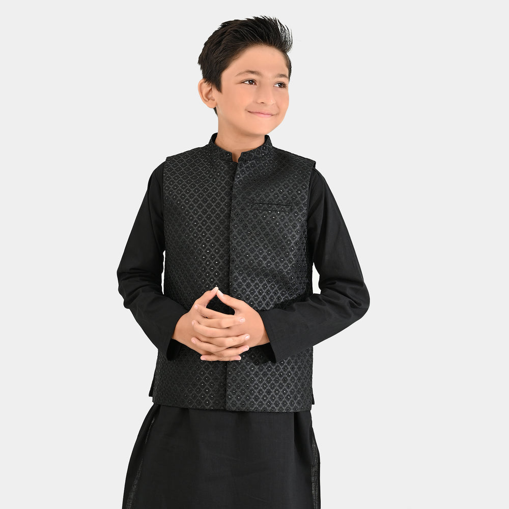 Boys Cotton Slub 3 Piece suit (Black Beauty)-BLACK