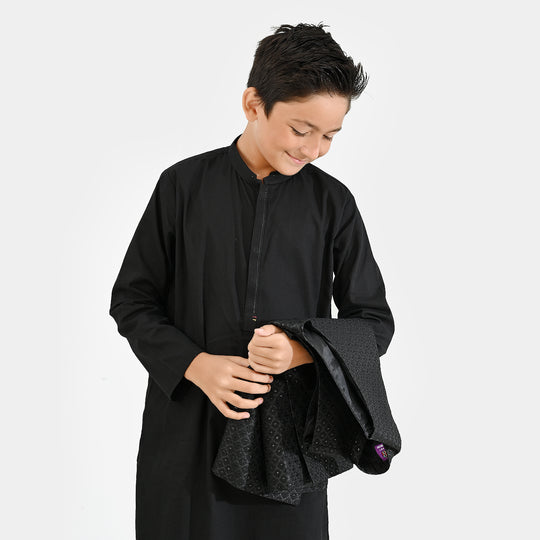 Boys Cotton Slub 3 Piece suit (Black Beauty)-BLACK