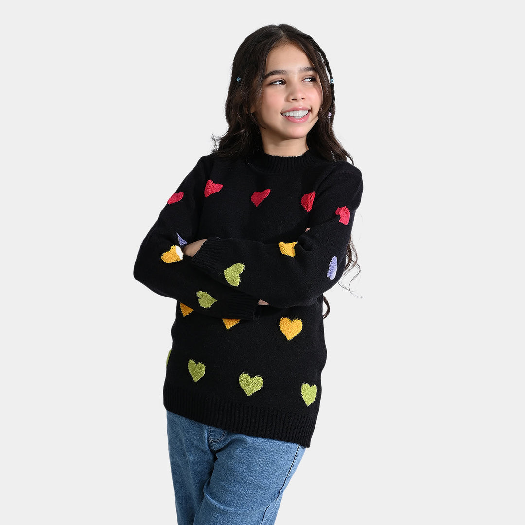 Girls VPN-Acrylic Sweater Chenille Heart-BLACK