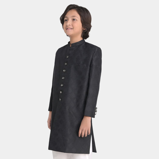 Boys Jamawar Sherwani-BLACK