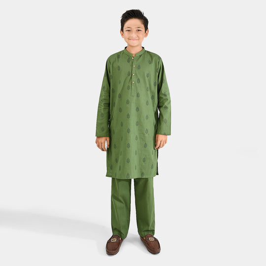 Boys Cotton Slub Kurta Pajama (Elm Green)-GREEN