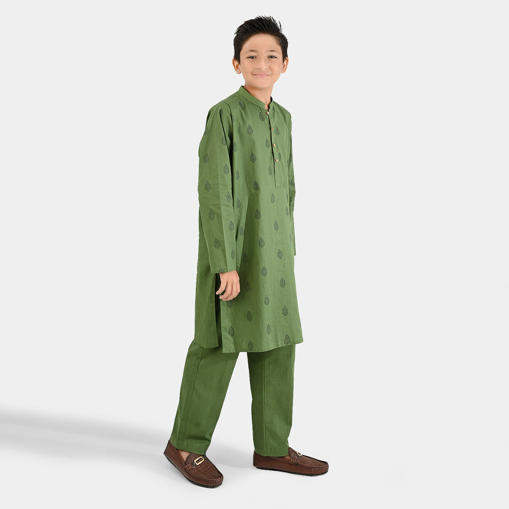 Boys Cotton Slub Kurta Pajama (Elm Green)-GREEN