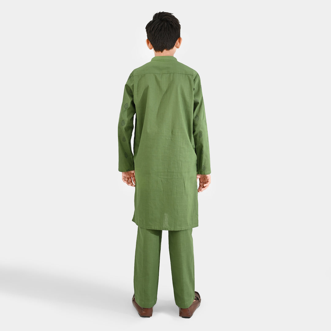 Boys Cotton Slub Kurta Pajama (Elm Green)-GREEN