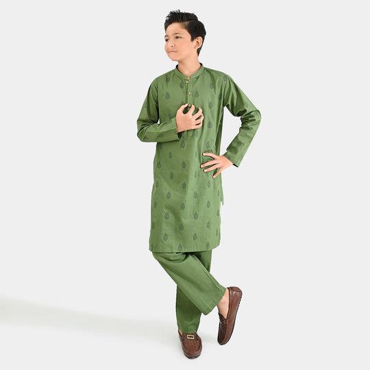 Boys Cotton Slub Kurta Pajama (Elm Green)-GREEN